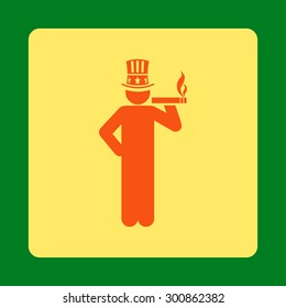 Capitalist icon. Vector style is orange and yellow colors, flat rounded square button on a green background.