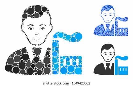 Capitalist oligarch mosaic of circle elements in variable sizes and shades, based on capitalist oligarch icon. Vector circle elements are composed into blue composition.