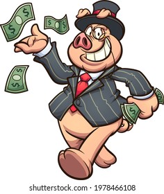 Capitalist rich pig throwing money at the air. Vector clip art illustration with simple gradients. All on a single layer.
