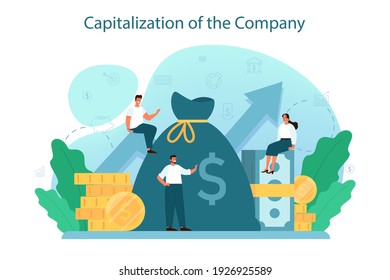 Capitalización del concepto de empresa. Valoración de los saldos de las empresas multiplicada por el precio de mercado de esas acciones. Inversión empresarial y idea de éxito financiero. Ilustración vectorial plana aislada