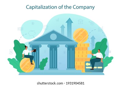 Capitalización del concepto de empresa. Valoración de los saldos de las empresas multiplicada por el precio de mercado de esas acciones. Inversión empresarial y idea de éxito financiero. Ilustración vectorial plana aislada