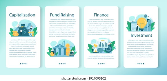 Capitalization of a company mobile application banner set. Appraisal of company stocks multiplied by the market price for those shares. Isolated flat vector illustration