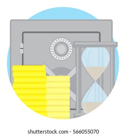 Capitalization of deposit icon flat vector. Protection money in safe steel, time and clock hourglass illustration