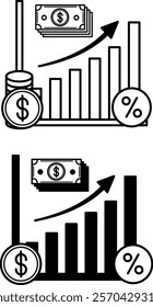 Capitalization Icons. Black and White Vector Illustrations. Interest Accrual on Principal. Dollar, Currency, Income Increase. Increasing Chart with Up Arrow. Stock Market Concept