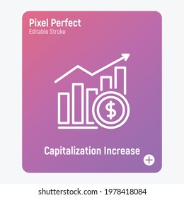 Capitalization increase thin line icon. Graph of growth with dollar sign. Dividends. Pixel perfect, editable stroke. Vector illustration.