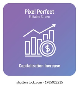 Capitalization increase thin line icon. Graph of growth with dollar sign. Dividends. Pixel perfect, editable stroke. Vector illustration.