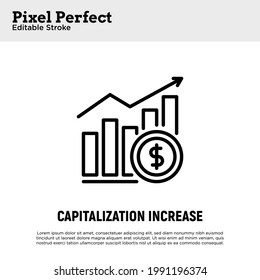 La capitalización aumenta el icono de la línea delgada. Gráfico de crecimiento con signo de dólar. Dividendos. Trazo perfecto y editable. Ilustración vectorial.