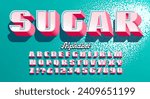 A capitals alphabet with 3d effects, granular sugar effect in letters in background.