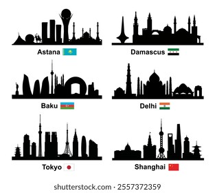 Capitals of Asian Countries. Silhouettes of Asian Cities Panoramas. Vector art illustration