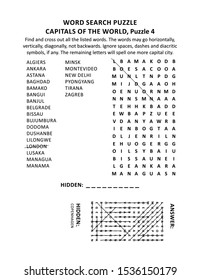 Capitals of the world word search puzzle or word game (English language), puzzle 4 of 10. Answer included.