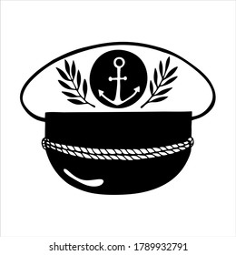 Sombrero de capitán con emblema de ancla y ramas, ilustración vectorial aislada a mano en blanco y negro