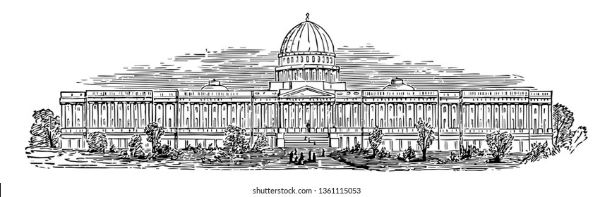 Capitol Building Covers 1.5 Million Square Feet, 600 Rooms And Miles Of Corridors Vintage Line Drawing.