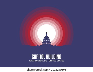 Capitol Building illustration. Moonlight symbol of famous statue and building in United States. Color tone based on official country flag. Vector eps 10.