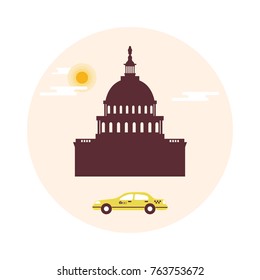 The Capitol Building Of The U.S. Congress, Sun, Clouds And Taxi. American Symbols. Design For Banner And Print.