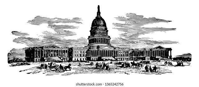 Capitol building, washington, at the eastern end of National Mall vintage line drawing.