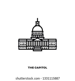 The Capitol, Congress Building At Washington, D.C., United States Of America, Vector Line Icon. International Landmark And Tourism Symbol.