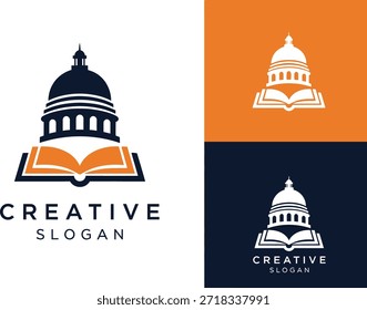 Capitol Dome and Book Logo – Institutional Branding for Education, Government, and Knowledge on Orange, Blue, and White Backgrounds