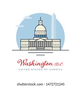 Capitol and monument at Washington, D.C. flat vector illustration. Tourism and travel icon.