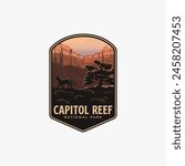 Capitol Reef National Park logo patch badge illustration, Mountain lion canyon scenery design