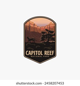 Capitol Reef National Park logo patch badge illustration, Mountain lion canyon scenery design