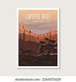 Afiche del Parque Nacional Capitol Reef, diseño de afiches sobre el paisaje de los cañones del león de la montaña