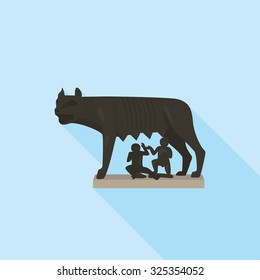 The Capitoline wolf in Rome. A simple icon in flat style with shadow. Colorful vector illustration. Architectural and tourist landmarks.