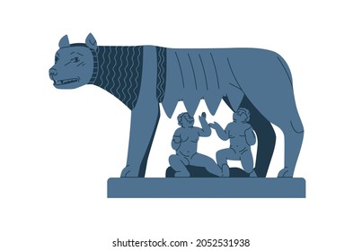 Capitoline wolf with twins, Ancient Roman sculpture. Rome statue with Remus and Romulus. Antique Italian famous monument in Roma. Flat vector illustration isolated on white background