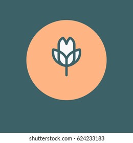 Capitulum of tulip linear logotype in circle on the green background. Eco natural icon. Element for floral shops,cosmetics packaging, beauty and spa studios. 