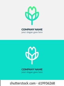 Capitulum of tulip linear logotype in two colors templates. Eco natural design. Element for floral shops,cosmetics packaging, beauty and spa studios. 