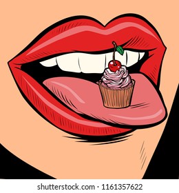 capkake female tongue mouth. Comic cartoon pop art retro vector illustration drawing