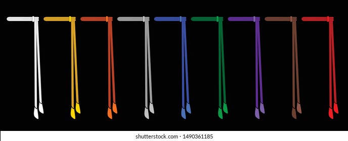 Capoeira belts, white, yellow, orange, grey, blue, green, violet, brown and red