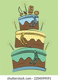 Capoeira birthday or baptism cake vector. Invitation card for capoeira celebration. Funny black outline vector illustration birthday card.