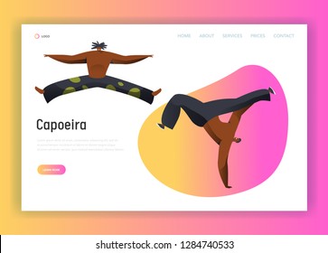 Capoeira Brazil Man Combat Dance Landing Page. Latino Male Character Handstand Acrobatic Samba Dancer. National Brazilian Fighter Lifestile for Website or Web Page Flat Cartoon Vector Illustration