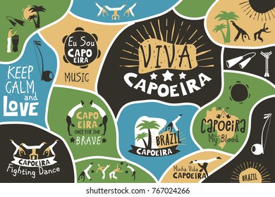 Poster von Capoeira Brazil. Brasilianische Festdekor, Kampfkunst-Form, die Tanz und Kampf kombiniert, bewegt sich mit Musik. Cartoon-Illustration im Vektorformat mit Buchstaben