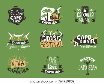 Capoeira Brazilian fighting dance. Traditional activity with music, acrobatics and martial arts elements, movements and fighting contest. Vector flat style cartoon illustration isolated on green