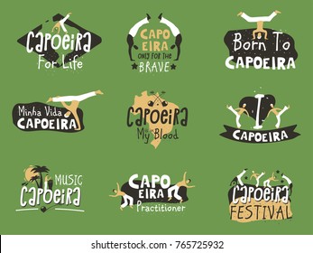 Baile de lucha brasileña de la Capoeira. Actividad tradicional con música, acrobacias y artes marciales elementos, movimientos y concursos de lucha. Dibujo de dibujos animados de estilo plano vectorial aislado en verde