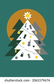 Capoeira Christmas greetings card. Vector illustration with pine tree decorated with capoeira instruments.