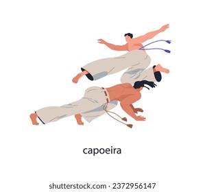 Capoeira, dance fighting. African-Brazilian martial art. Fighters game to music. Two athletes battle, combat in motion, action, movement. Flat vector illustration isolated on white background