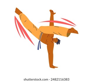 Capoeira. Un emocionante escenario de Vector de un personaje que participa en combate de baile, reflejando la energía de las artes marciales afrobrasileñas. Diseño plano sobre un tema deportivo.