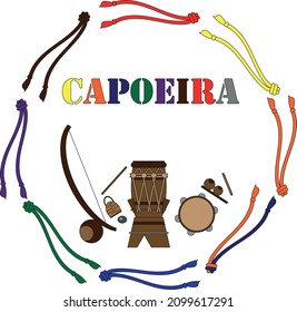 Capoeira festival clipart, t-shirt, web design. Capoeira instruments rounded by colored belts. Capoeira batizado ceremony and grade change. Brasilian culture and art