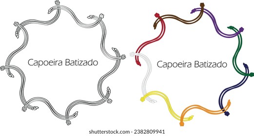 Capoeira festival clipart, t-shirt, web design frame. Capoeira belts in circle. Capoeira batizado ceremony and grade change. Brasilian culture and art