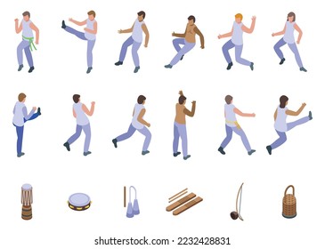 Capoeira icons set isometric vector. Brazil acrobatic. Sport fitness