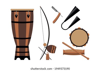 Capoeira instrument set: tambourine, drum, berimbau, bell, shaker, ratchet and razor. Isolated elements on background. Flat design in vector. 