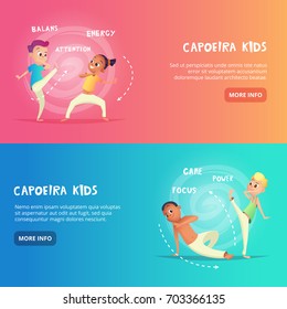 Capoeira Kinderbanner für Webdesign. Kinder sind in der Ausbildung capoeira Bewegung. Cartoon-Konzept, Vektorgrafiken.