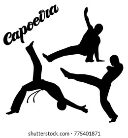 Capoeira lettering and sillouettes of capoeirists, no background. For designing capoeira promo, logo, banner, poster, website, invitation, visit card. Vector art. Quote “capoeira”, brush calligraphy