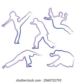 Capoeira movement silhouette set watercolor outline. People doing capoeira movements vector illustration