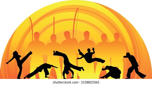Capoeira movements silhouettes of people playing music in the sunset. Capoeira vector backgrounf, fliyer, banner design