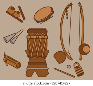 Capoeira music instrument set. Vector illustration icons for berimbau, atabaque, agogo, pandeiro, recoreco.