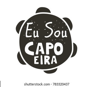 Capoeira music logo. Traditional rhythm, style of play, and drum tune energy of a brazil game with instruments, clapping, and singing. Vector flat style black and white illustration