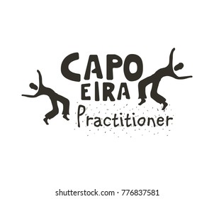 Capoeira practitioner logo. Badge for sport combining rhythmic dance, martial-arts, and acrobatic movements. Vector flat style black and white illustration